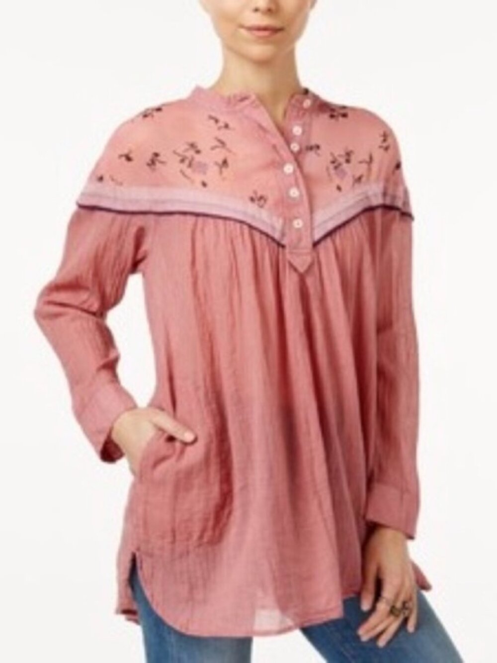 Free People Popover Accents & Flowers Rose Pink Floral Yoke Womens Size S Boho